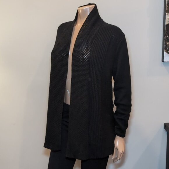 Laura Open Front Cardigan Sweater Shawl Collar Black Tunic Length Long Sleeve - Picture 3 of 15